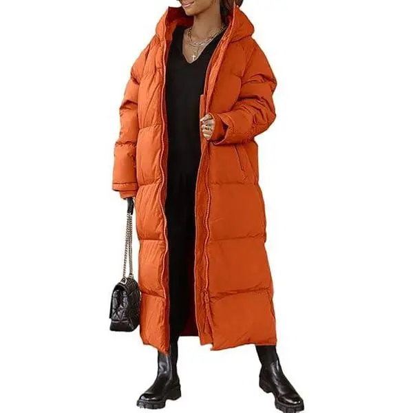 Tankaneo Women Long Quilted Coat Hooded Maxi Length Long Sleeve Puffer Jacket Padded Coat Winter Outerwear