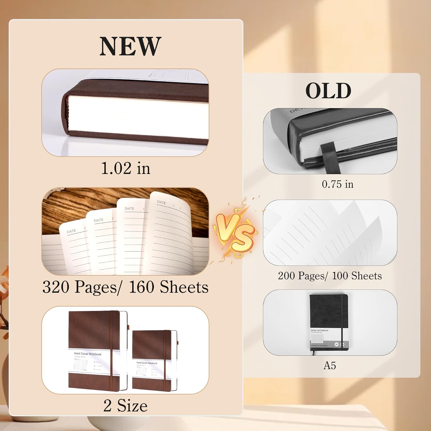 CAGIE 2 Pack A5 Lined Notebooks 320 Pages Hardcover Journal 100GSM Thick Paper Notebook Set for Writing School Work Study Note Taking Diary Journaling Junk Journal Office Notebook for Women Men Students