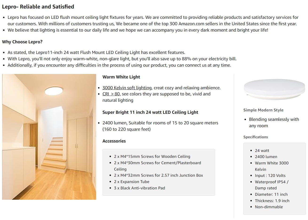 Lepro 15 watt Flush Mount LED Ceiling Light Fixture for Bathroom Waterproof Soft Warm White 3000 Kelvin 1250 Lumen 120 watt Equivalent Ceiling Lamp for Kitchen, Laundry, Bedroom, Hallway