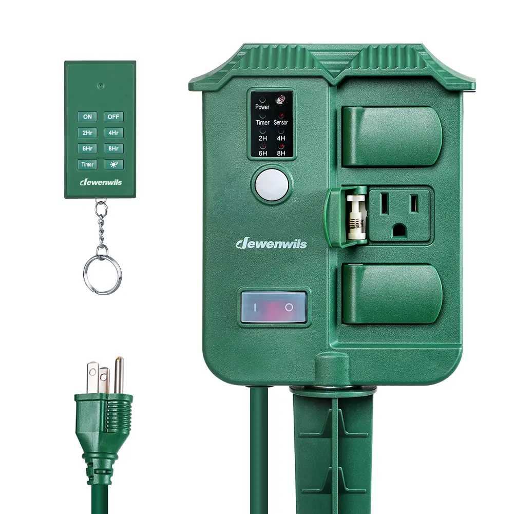 DEWENWILS Waterproof Outdoor Power Stake Timer - 6 Grounded Outlets, 6FT Extension Cord, Wireless Remote, Photocell Dusk-to-Dawn Function, UL Listed for Camping & Hiking Lantern Accessory