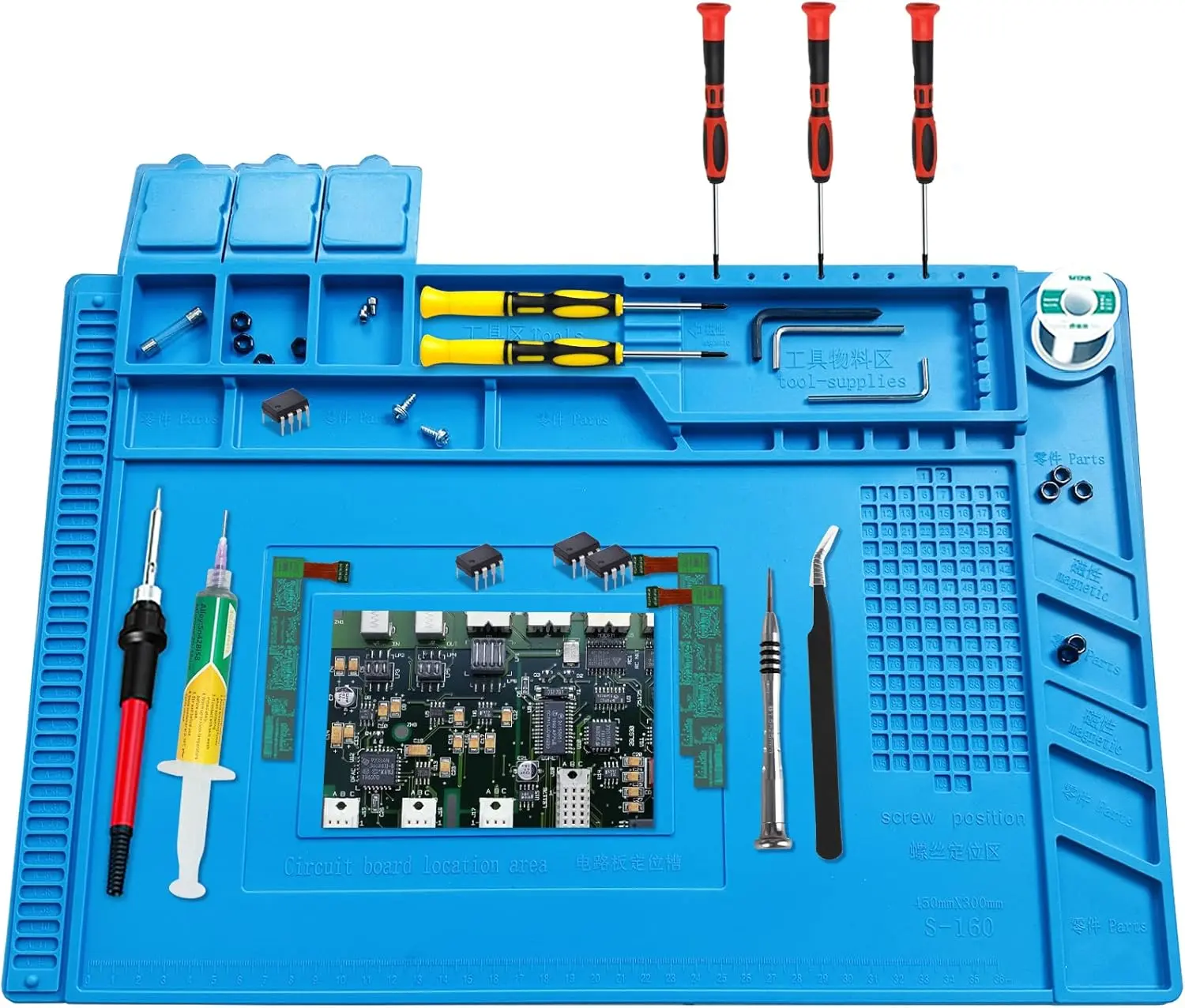 Heat Resistant Solder Pad 17.7x11.8 Inch Anti-Static Magnetic Silicone Repair Mat for Cell Phone Computer Electronics Soldering Workbench Blue