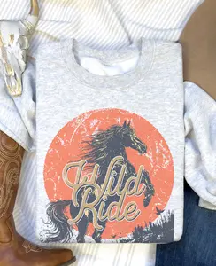 Vintage Western Sweatshirt Retro BOHO Wild Ride Horse Graphic Pullover  Cowgirl Womens Casual Sublimation Graphic Crewneck Horse Sweater Cowboy Pullover
