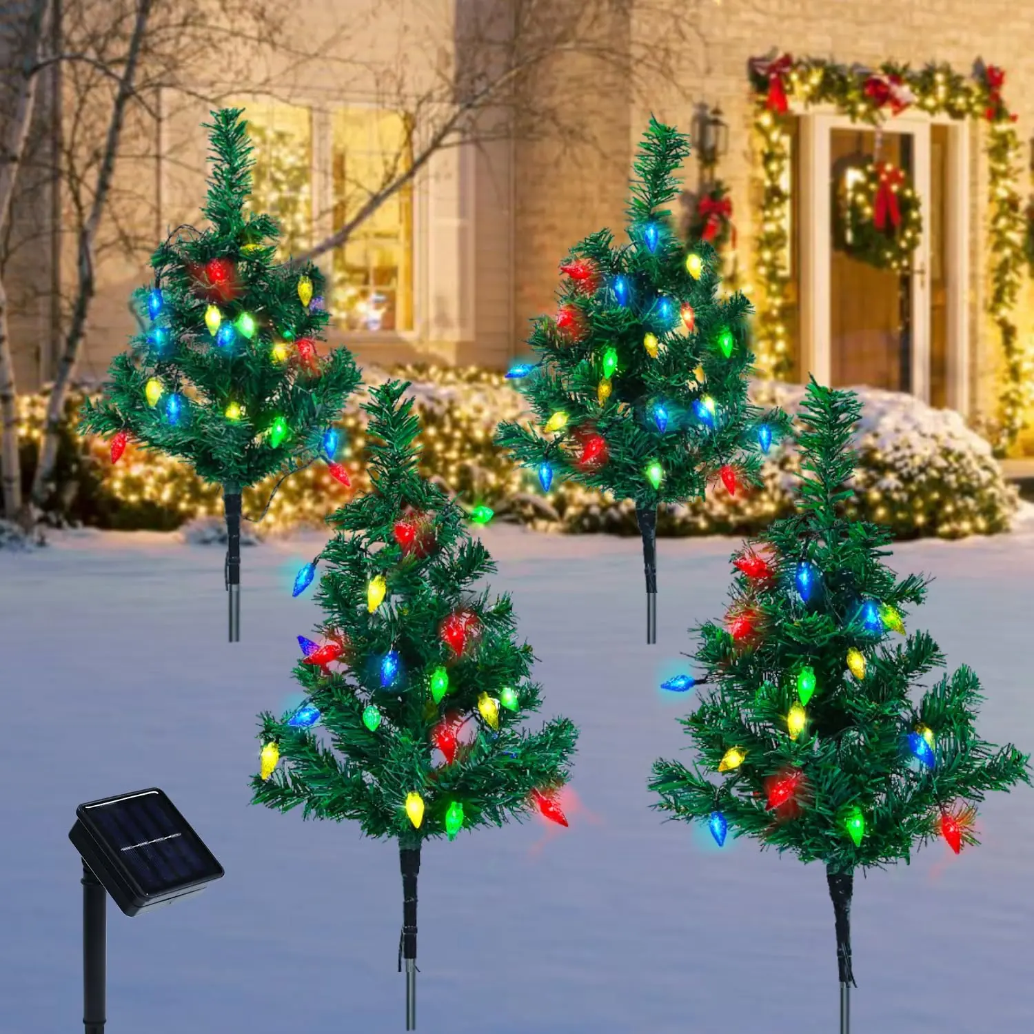 1 trailer 4 sets of solar-powered Christmas trees, 80 multi-color C6 LED Christmas lights, for outdoor Christmas decoration, solar-powered pre-lit small Christmas trees, for holiday outdoor passage garden courtyard decoration