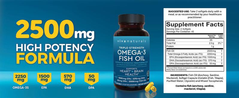Viva Naturals Omega 3 Fish Oil Supplement for Women and Men - 2500 mg Triple Strength Fish Oil Pills with Re-Esterified Omega 3 Fatty Acids Including EPA, DHA DPA - 90 Pescatarian-Friendly Softgels