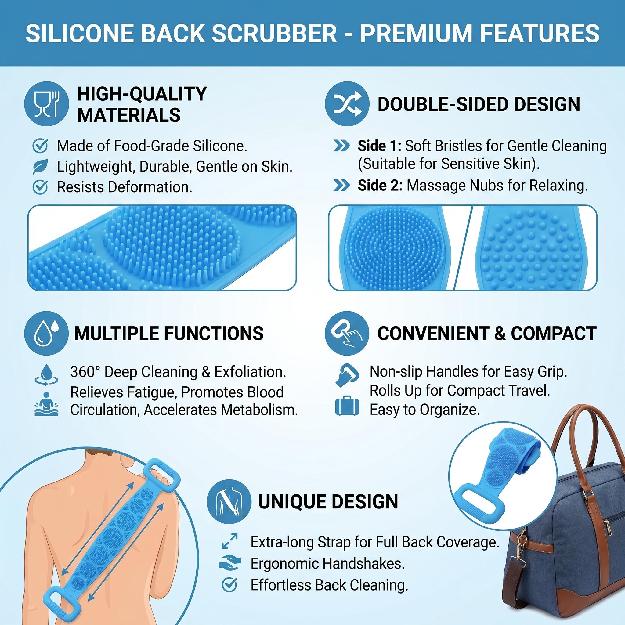 Double-Sided Silicone Back Scrubber, Exfoliating Body Brush Strap, Gentle Bathing Accessory for All Skin Types, Body Brush for Showering, Flexible Silicone Body Brushes