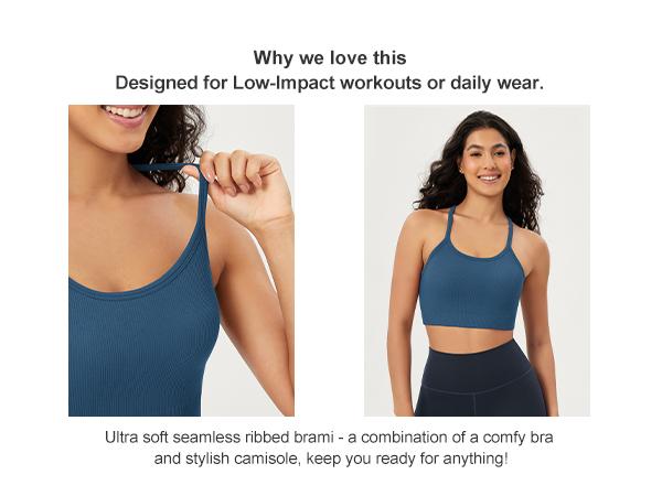 ODODOS 3-Pack Seamless Racerback Sports Bra for Women Ribbed Camisoles Wireless Yoga Bra Crop Tank Tops