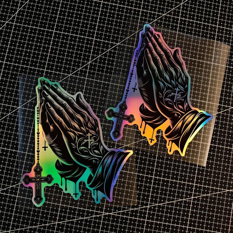 1PC Religious car sticker - Christian praying hands and cross, black gradient to purple - suitable for cars, trucks, motorcycles