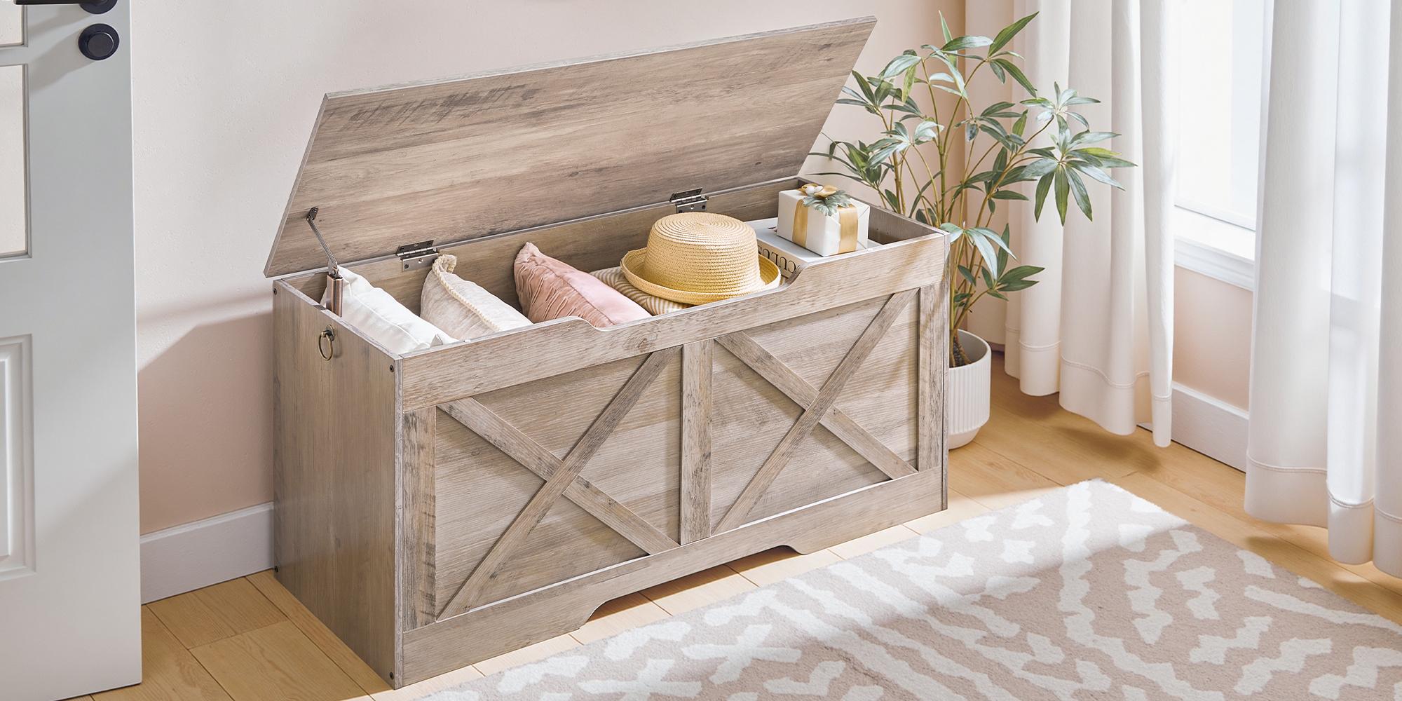 HOOBRO 39.4” Storage Bench, Blanket Chest with Safety Hinge, Storage Trunk Organizer,  U- Shaped Cut-Out, for Living Room, Bedroom, Entrance, Rustic Brown