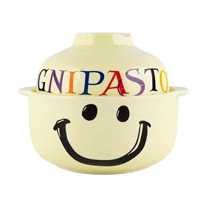 Golden Lion Ceramic Noodle Bowl Set - Large Capacity 750ML & 500ML with Cute Cream Emoji Design, Dual-Use Instant Ramen Bowl