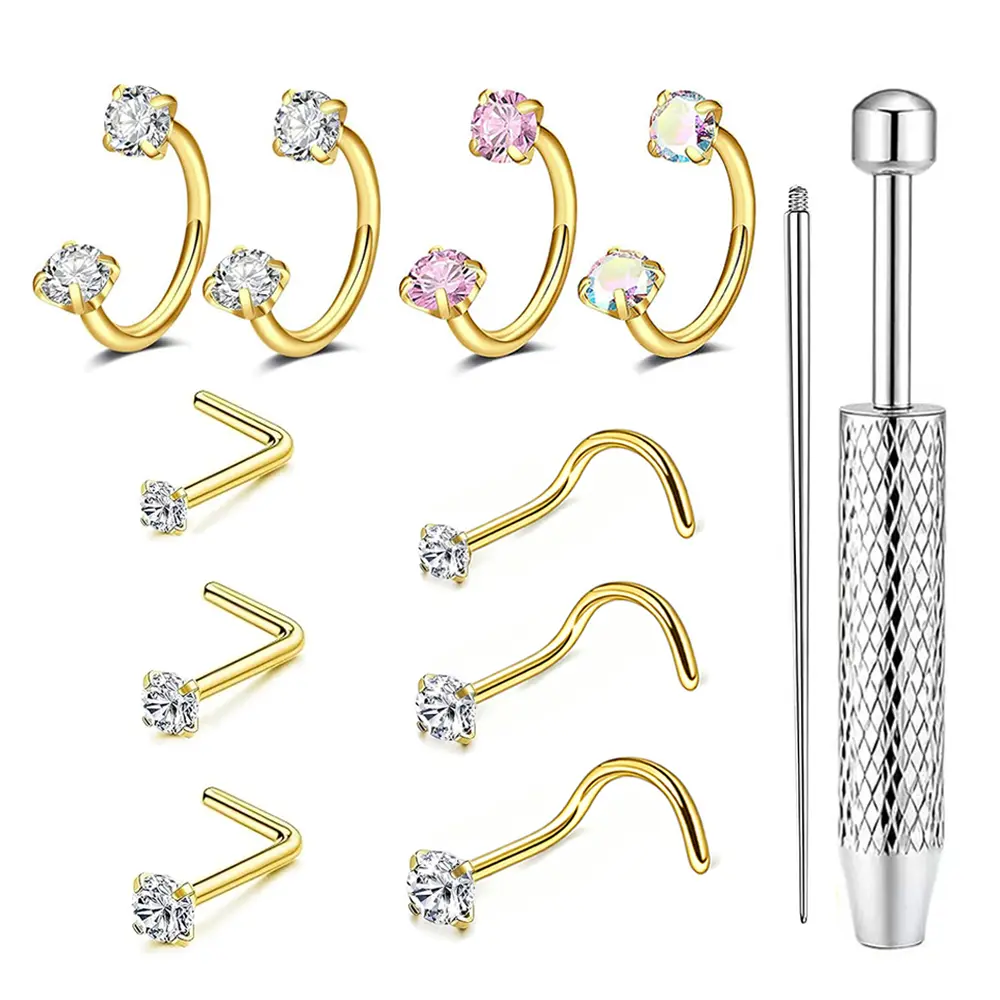 20g Horseshoe Nose Ring for Women Double Gem Horseshoe Nose piercing Hoop Stainless Steel Silver Gold Cartilage Helix Tragus Earring Hoops Labret Lip Piercing Jewelry Small Septum Rings with piercing tool  Internally Threaded Nose Stud 1.5/2/3mm
