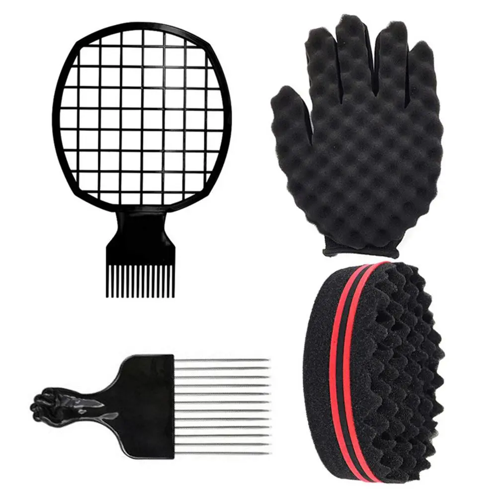 Hair Twist Curly Hair Curl Comb & Sponge Glove Set, Curl Defining Brush, 4 Counts Flexible Heatless Styling Tools, Hair Care Kit