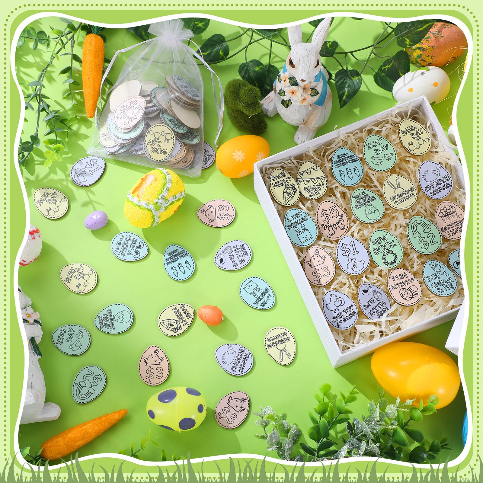 Easter Egg Tokens 30/120 Pcs Reusable Wooden Reward Tokens with 20 Engraved Sayings + 4 Gift Bags - Kids Teens Classroom Prizes Non-Candy Easter Basket Stuffers Spring Party Supplies Set