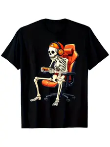 Men's & Boys' Vintage Gaming T-Shirt - Retro Skeleton Video Game Character Graphic Tee, Short Sleeve Casual Shirt for Halloween Costume or Casual Attire, Comfortable Fit Gamer Apparel for Boys Girls Men