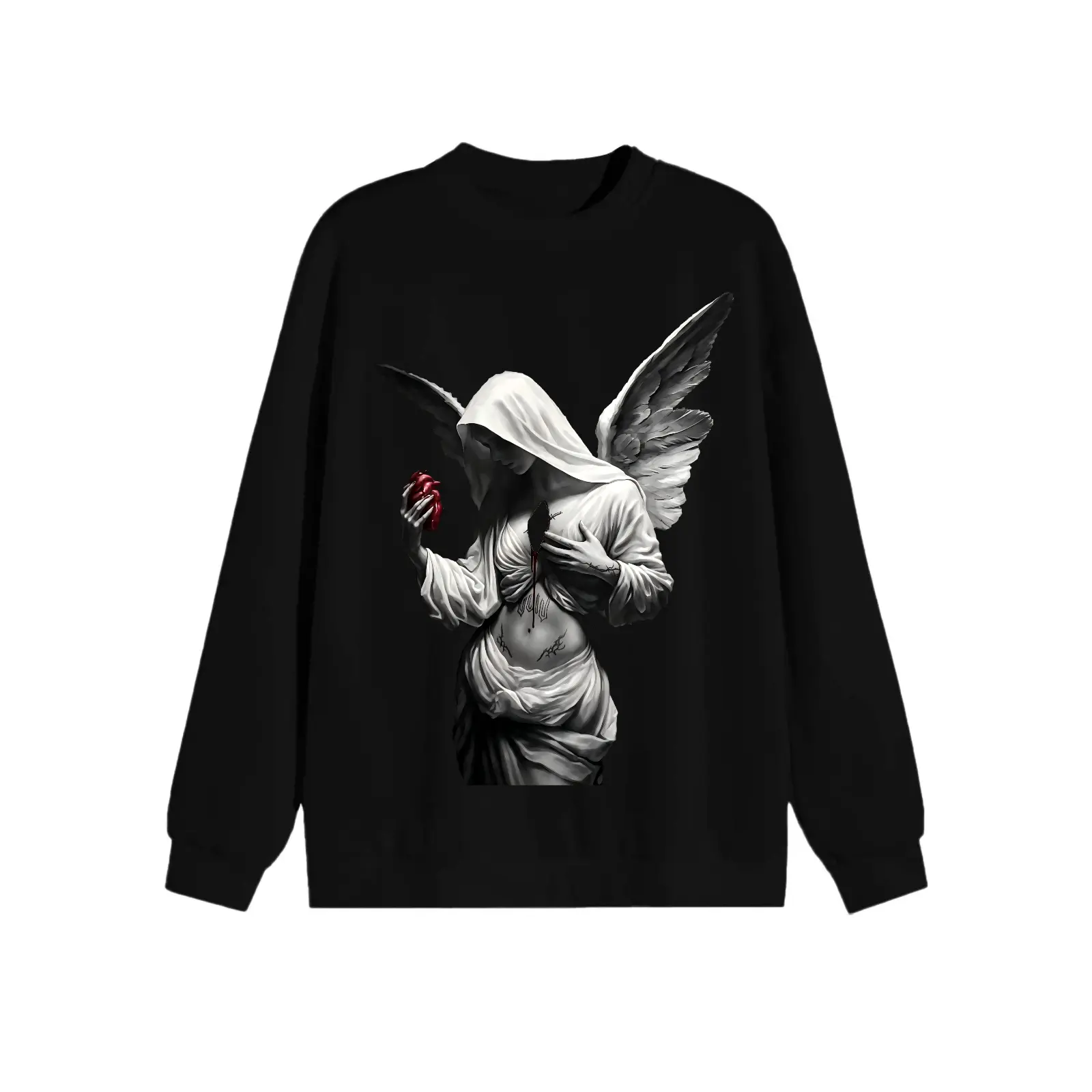 Unisex Gothic Oversized Fallen Angel Statue Double-Sided Graphic Print Crewneck Sweatshirt, Medium-Length Longsleeves Pullover, "My Heart A Scar A Sacrifice" Alt Streetwear Top, Polyester, Cold-Wash Compatible