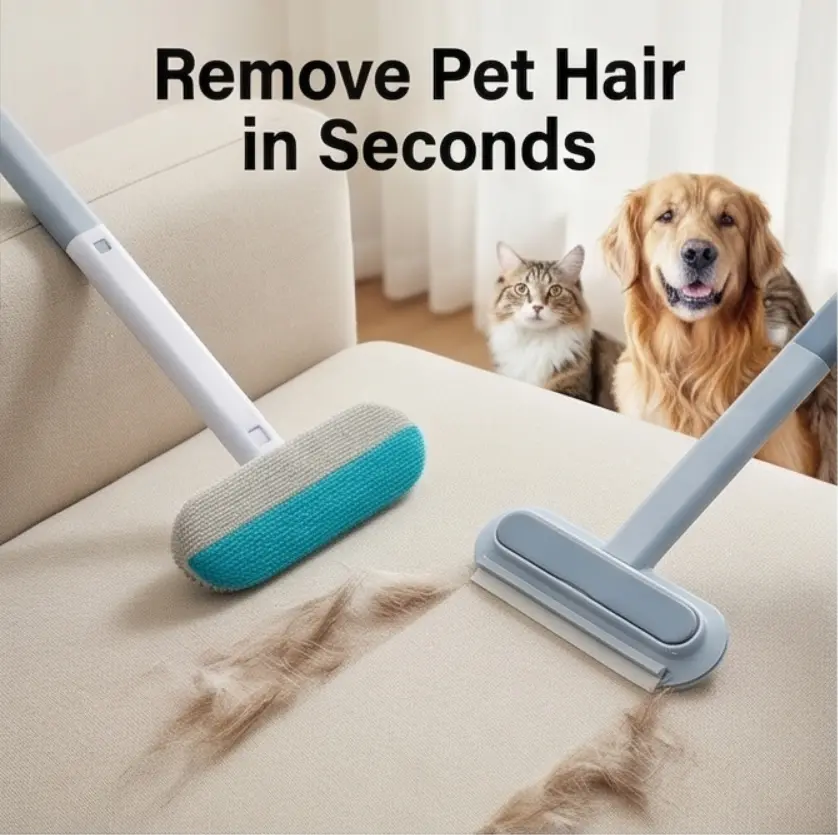 Upgraded 4-in-1 Reusable Pet Hair Remover Brush – Extra-Long Handle Lint Cleaner for Dog & Cat Hair,Electrostatic Two-way brush sticky,Washable Multi-Surface Tool for Furniture, Bedding, Clothes & Carpets