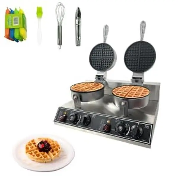 Garvee Commercial Double Head Waffle Maker – 2400W Stainless Steel Nonstick Waffle Iron with Adjustable Temperature and Timer – Professional Quality for Home, Cafe, Restaurant, Snack Bar – Silver
