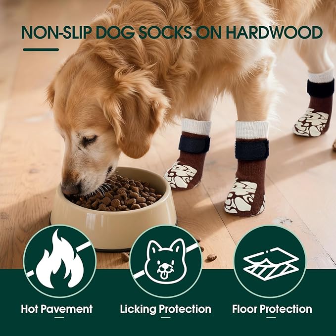 Kuoser Non-Slip Dog Socks, 4 Pcs Socks to Prevent Licking Paws, Paw Protectors for Hot Pavement, Hardwood Floors, Traction Control for Small, Medium, Large Dogs