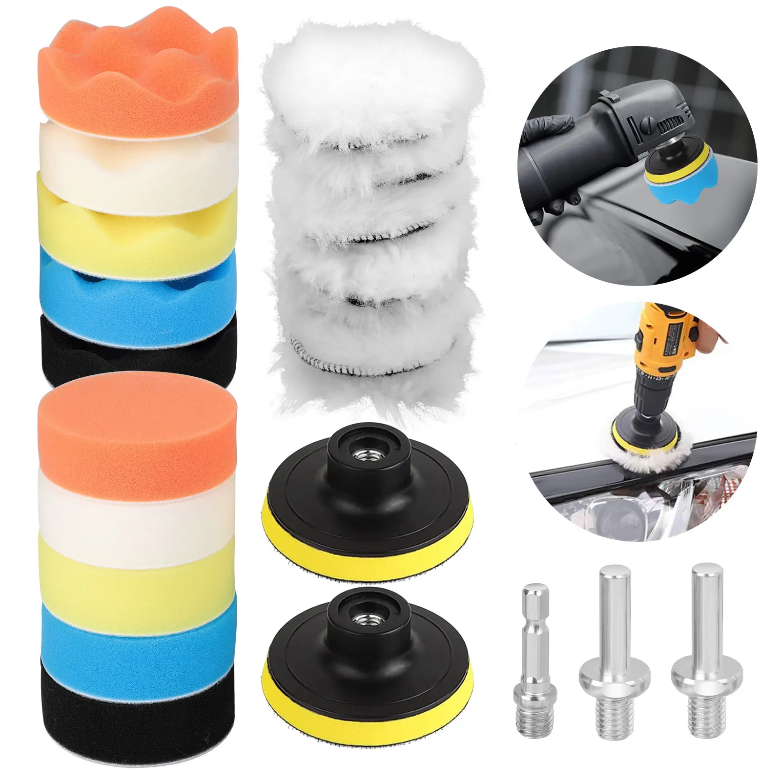 23Pcs 80mm Car Polishing Sponges Pads Set - 8 Woolen Buffing Pads,2 Suction Cups,3 Drill Buffer Adapters,for Automotive Polishing Waxing Grinding tool