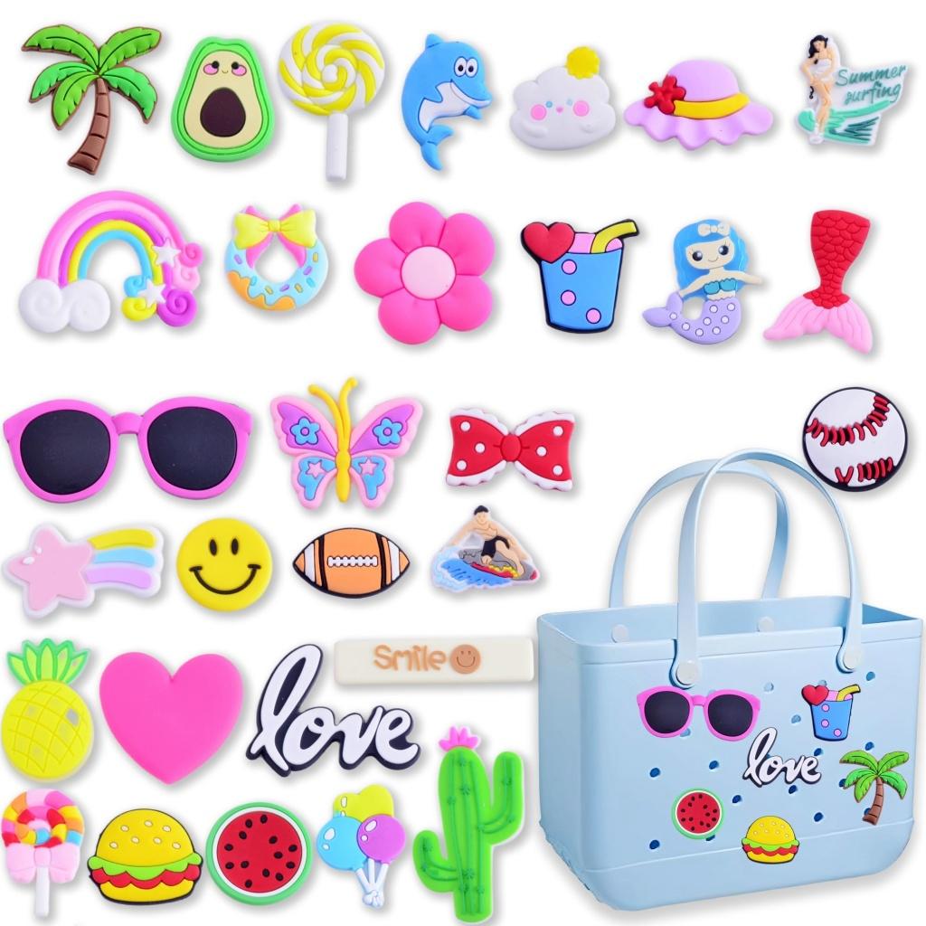 DIY Charms for Beach Bag, 30pcs Accessories Letters Flowers Baseball Beach Cute Decoration Bag Charms for Beach Bag Rubber Tote Beach Bags