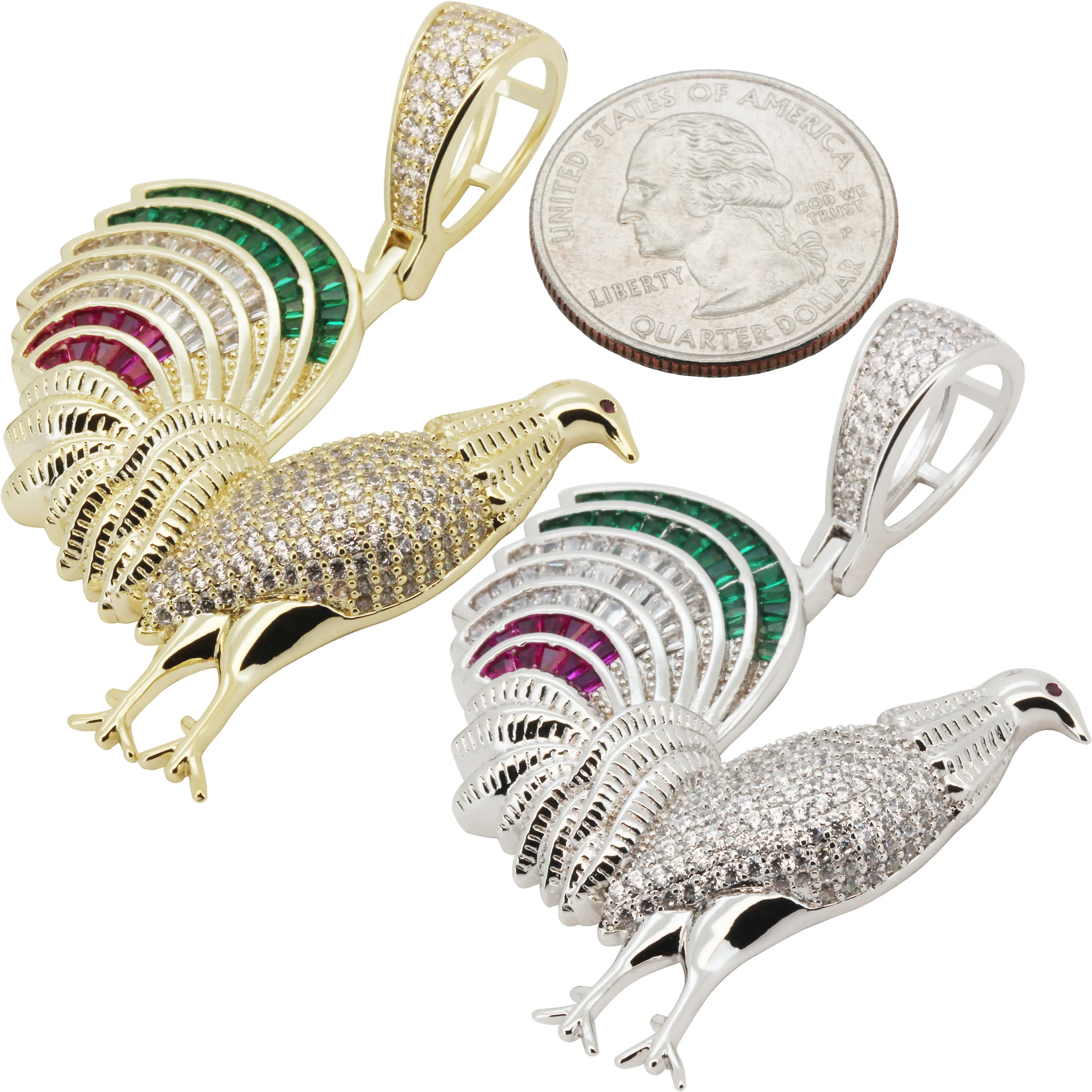 14k Yellow/White Gold Plated AAA Cubic Zirconia Rooster Pendant