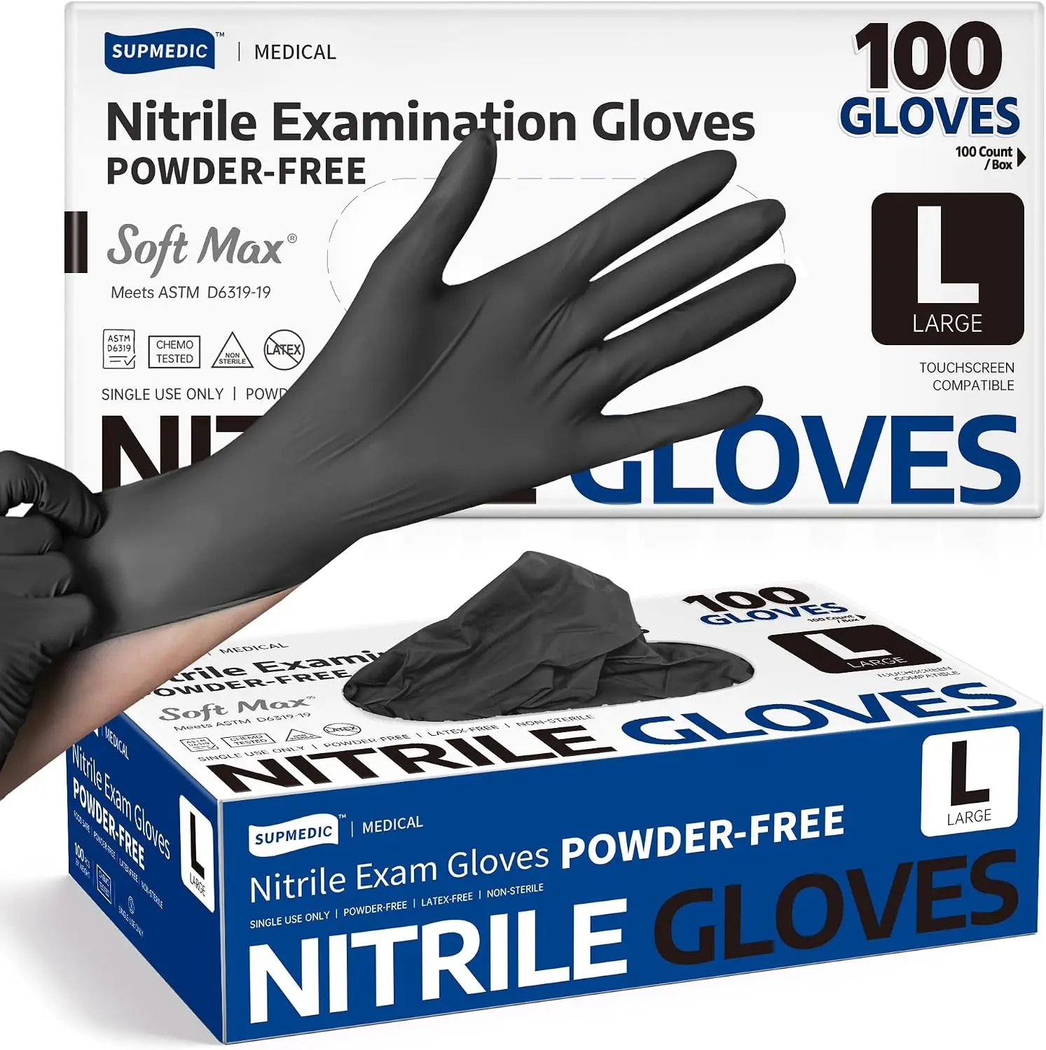 Supmedic Medical Soft Max™ Black Nitrile Disposable Gloves, 100 Pcs, Latex-Free & Powder-Free Food Safe Food Prep Exam Gloves