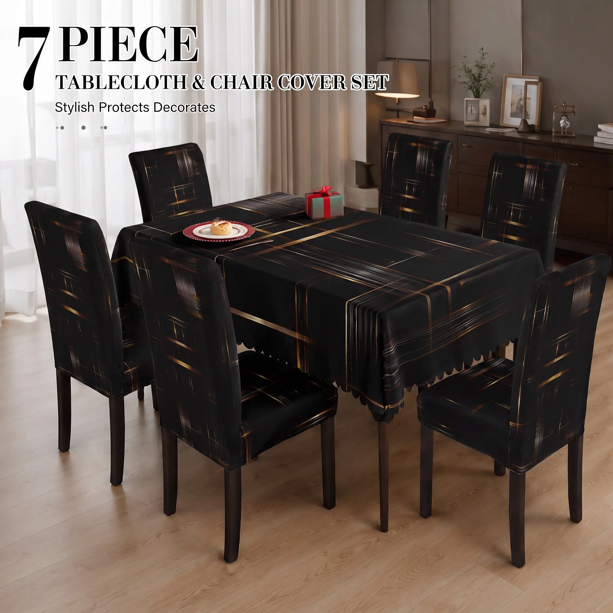 7PCS Geometric Black Gold Polyester Dining Table Cover Set - 1 Rectangle Tablecloth, 6 Stretch Chair Covers, Washable Elastic Chair Slipcovers, Modern Waterproof Table Protector for Kitchen Dining Room, Parties
