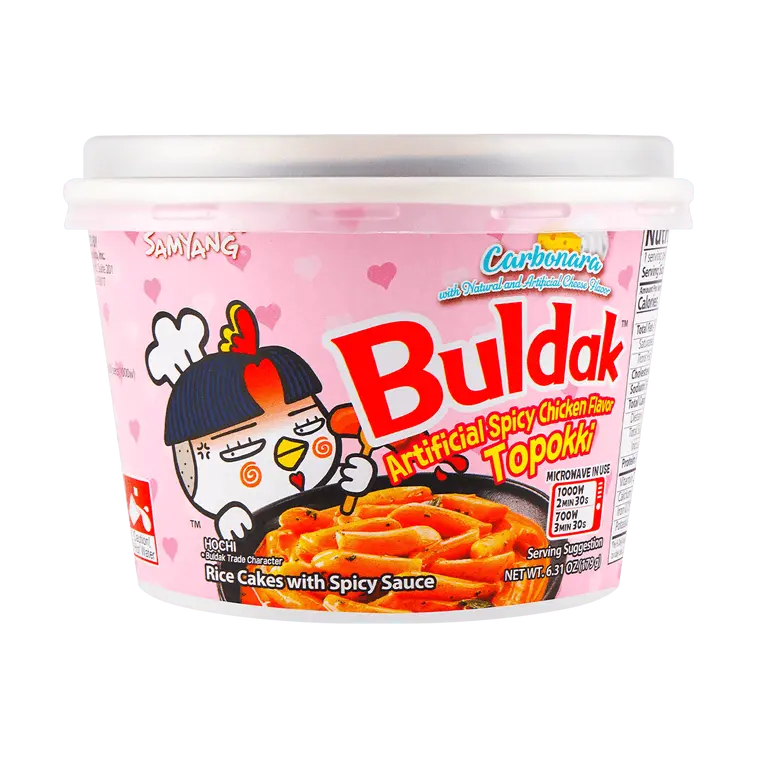 Samyang Buldak Carbonara Topokki - Spicy Chicken & Cheese Flavored Cheesy Rice Cakes, Instant Noodle Pack, Viral Korean Snacks, Ambient Pantry Food, Packaged Item for Spicy Food Lovers