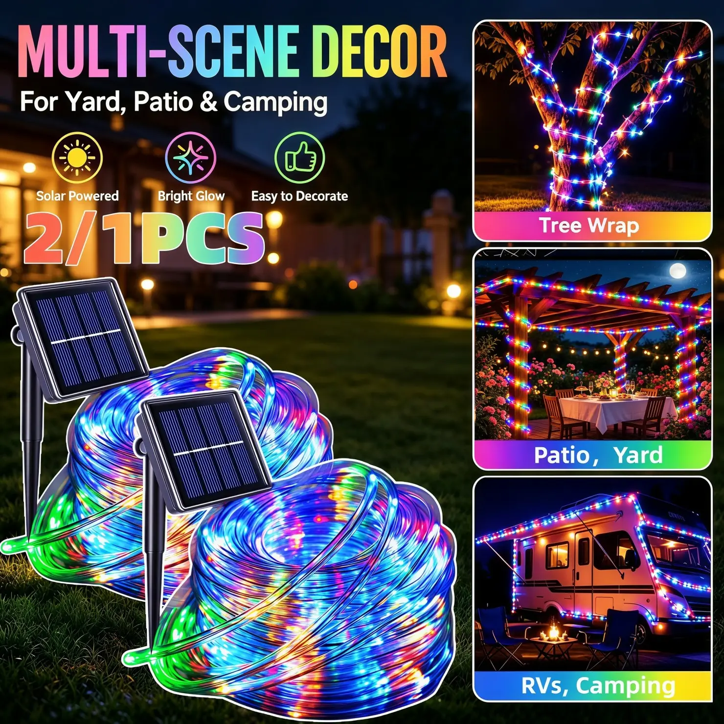 Solar Rope String Lights - 66/33ft, 220/110LED, 8 Modes, Waterproof Flexible Transparent Lights for Garden, Backyard, Outdoor Decor (Trampoline, Tree, Porch, Swimming Pool Compatible)