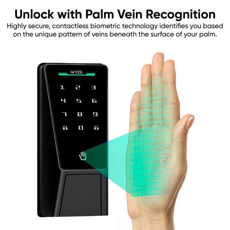 Wyze Palm Lock — Wi-Fi Palm Recognition Smart Lock for Front Door, Keyless & Touchless Entry, Modern Design, Auto-Lock, Easy Installation, Deadbolt Replacement, IP53 Weatherproof