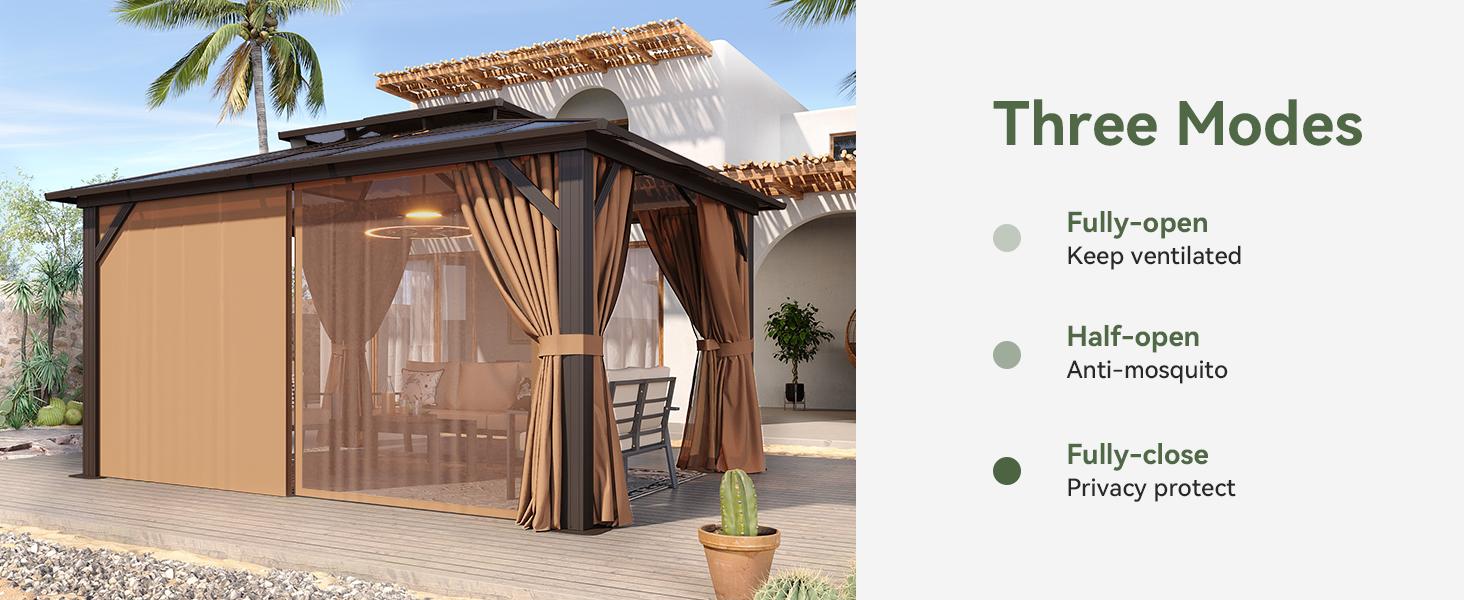 【Ships in 2 Packages】Aoxun 12'x10' Hardtop Gazebo, Aluminum Frame Permanent Pavilion with Curtains and Netting, Outdoor Polycarbonate Double Roof Canopy, Designed for Garden, Lawns, Patio, Brown