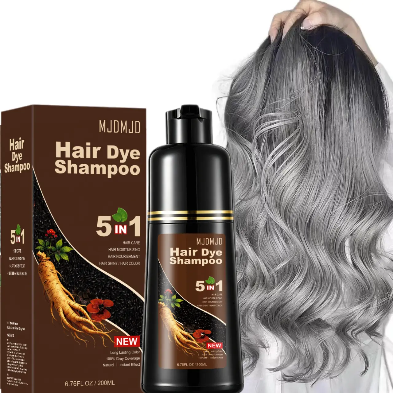 5-in-1 Silver Gray Hair Dye Shampoo – Covers Gray Hair in 10–15 Mins, Formula with Ginseng Extract, Natural Semi-Permanent Silver Gray Hair Color for Men & Women, 200ml