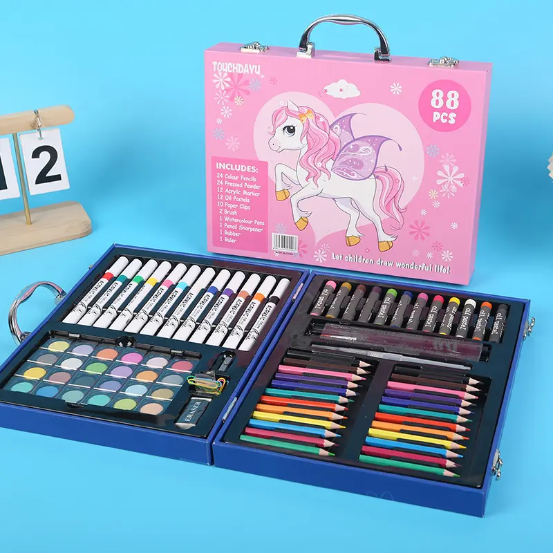 88-Piece Deluxe Coloring Art Materials Set - Craft Supplies with Marker Set, Pink Pony/Astronaut Themes, Oil Pastels, Colored Pencils, Gouache, Fabric-Painting Suitable, Professional Use, Ideal Birthday Gift, Deluxe Set