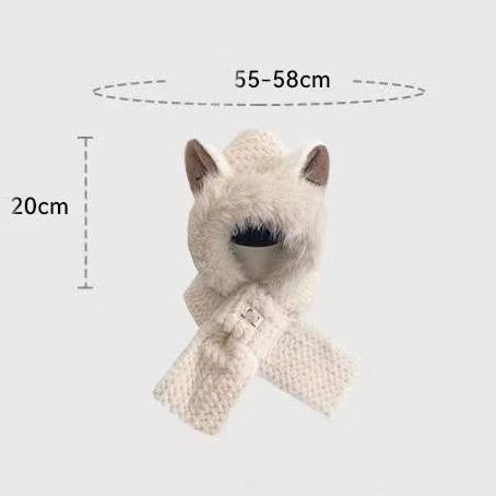 A winter warm hooded scarf with cartoon animal ears, plush knitted neck scarf, elastic moisture-wicking hood, cute and thick gift for women - Hat Scarf