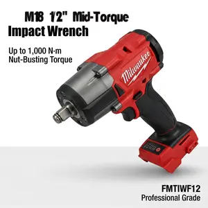 Milwaukee M18 FMTIWF12 18V 1000 Nm 1/2-inch Drive Cordless Impact Wrench Set (Includes Battery Charger) Milwaukee high Torque power Wrench Replacement Suitable for Automotive Tools, Construction Equipment Maintenance M24 Capacity