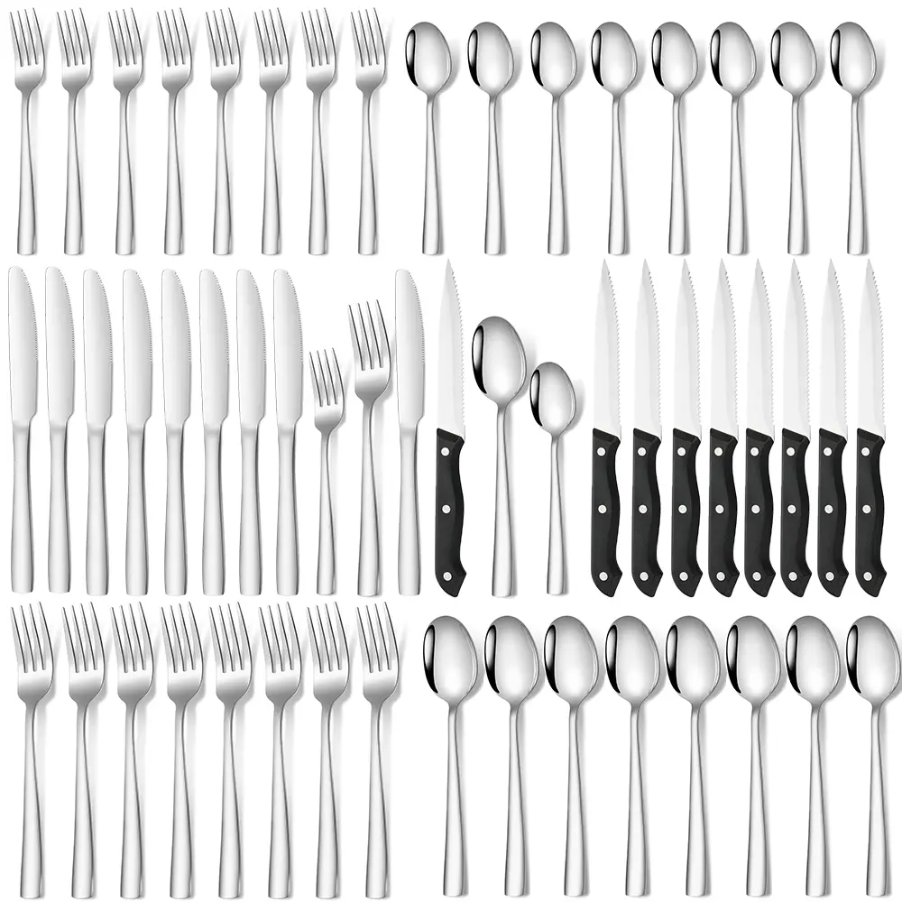 LVABZ 48-Piece Stainless Steel Flatware Set for 8, Mirror Polished Silverware with Steak Knives, Rust-Resistant & Dishwasher Safe, Modern Oval Tableware Set for Home, BBQ, Parties, Weddings & Gifts
