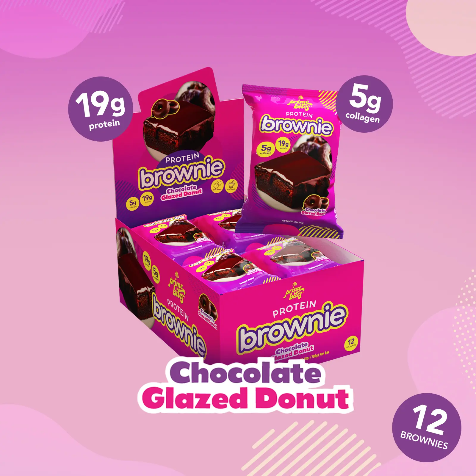 12 Pack - Glazed Chocolate Donut Prime Bites Protein Brownies Snack - High Protein Dessert