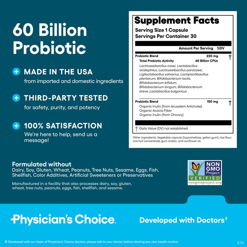 Physician's Choice 60 Billion Probiotic - Daily Gut Health, Digestive & Immune Support for Men and Women with Organic Prebiotics & 10 Unique Strains