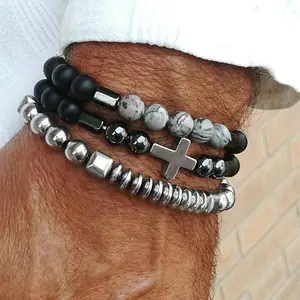 3 pcs/set fashion hip-hop three-layer black galstone cross bracelet MEN'S punk trend charm jewelry（gift）