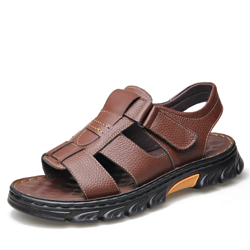 Men's Leather Sandals, Closed-Toe Adjustable & Supportive Design for Outdoor Hiking with Cushioned Non-Slip Sole, Adjustable Supportive Men's Sandals, Customizable Fit, Hook-And-Loop, Male, Leather Upper, Wetground Traction, Men's Accessories