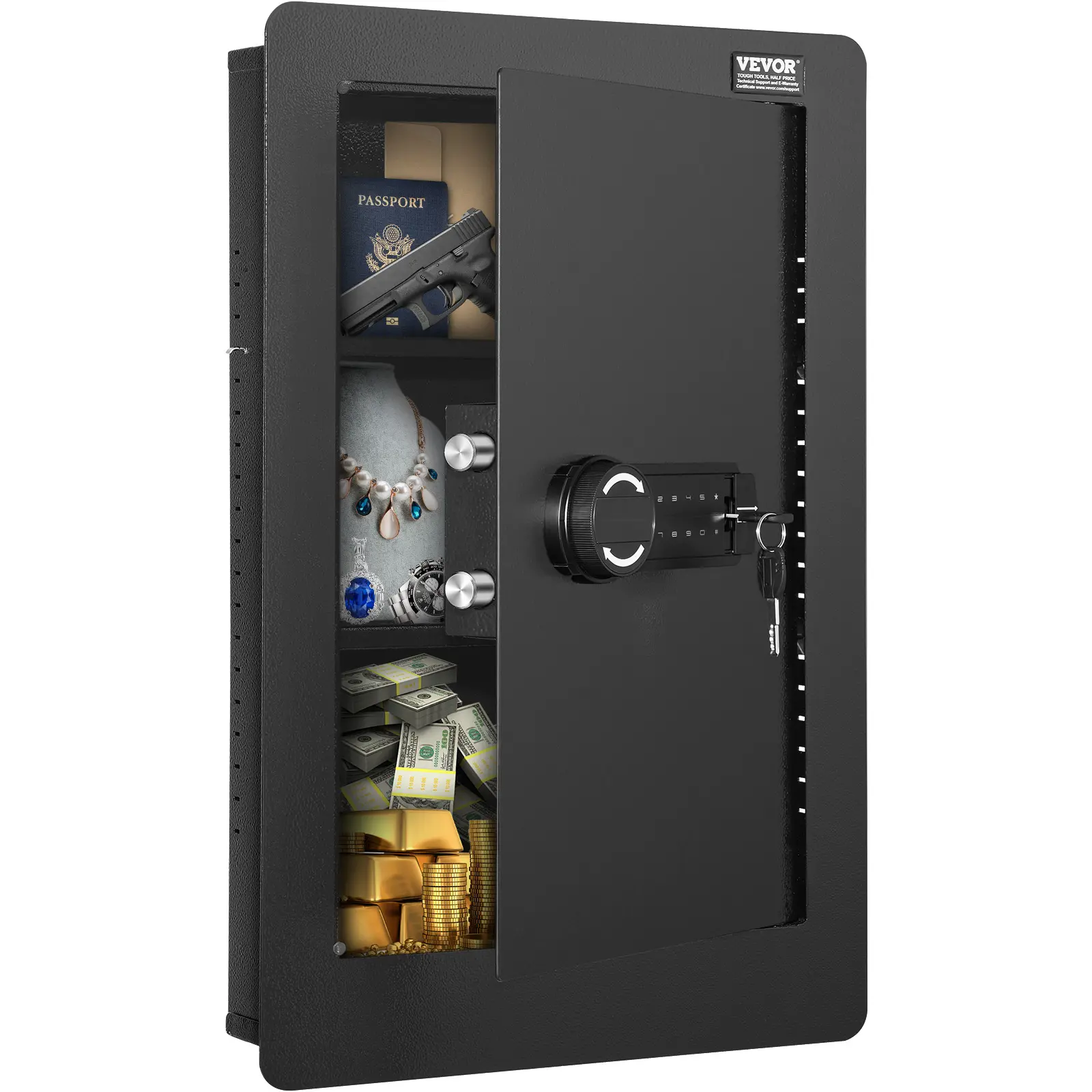 【Summerfinds】VEVOR 25.59" Tall Wall Safe,3-Tier Hidden Wall Safe with Keypad3 Removable Shelves & 6 Key HoldersQ235 Cold-Rolled Steel In Wall Safe with LED Light & Vibration Alarm for MoneyJewelryPassport,back to school,back to school shopping