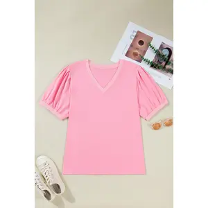Bonbon V Neck Pleated Short Puff Sleeve Plus Size Blouse
