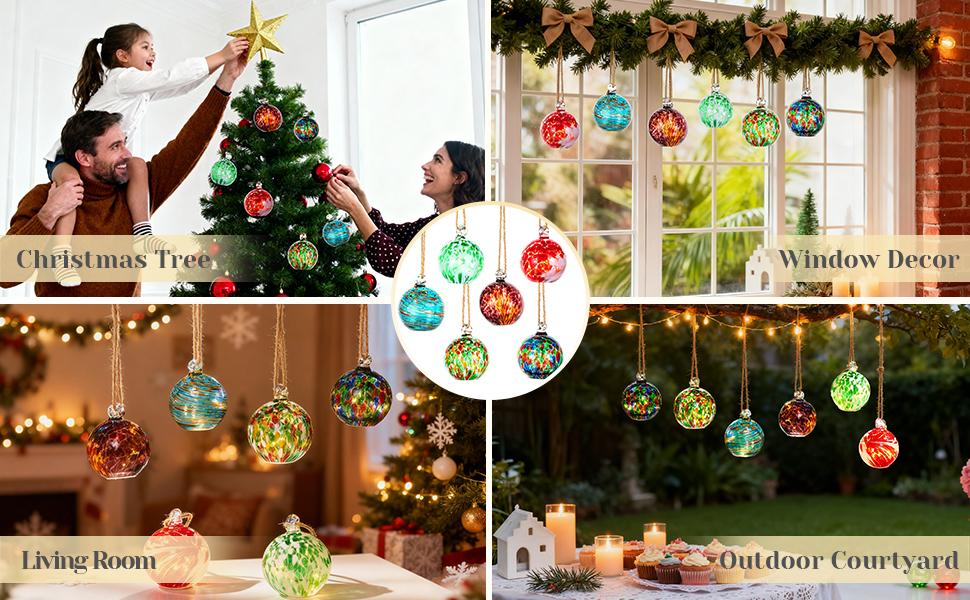 Set of 6 Hand Blown Glass LED Christmas Ornaments Hanging Gazing Ball Witches Ball Christmas Decor for Garden Patio Window Xmas Tree Greenery Addition