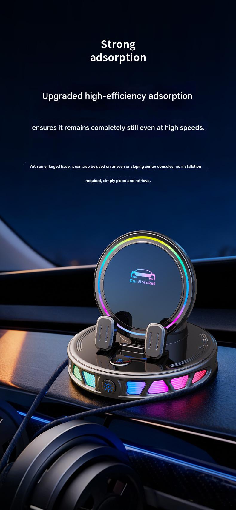 Electric Magnetic Wireless Charging Car Phone Mount with RGB Ambient Light – Ultra Stable Vacuum Suction