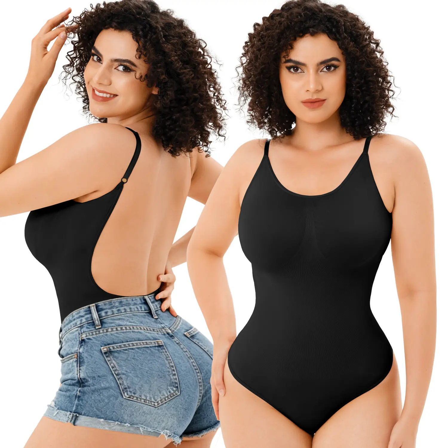 Women's Basic Casual Lady M V-Neck Sleeveless Elastic Shapewear Bodysuit - Solid Knit Fabric, Backless, Abdominal Compression, Black Thong Style Summer Under-Dress Tank Top, Backless Slim Design, Comfortable, Fit