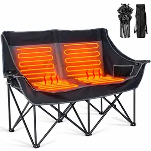 MOPHOTO Heated Double Camping Chair for 2 Person, XXL Oversized Padded Folding Loveseat with 3 Heat Levels, Portable Camping Couch Lawn Chairs for Outdoor Beach