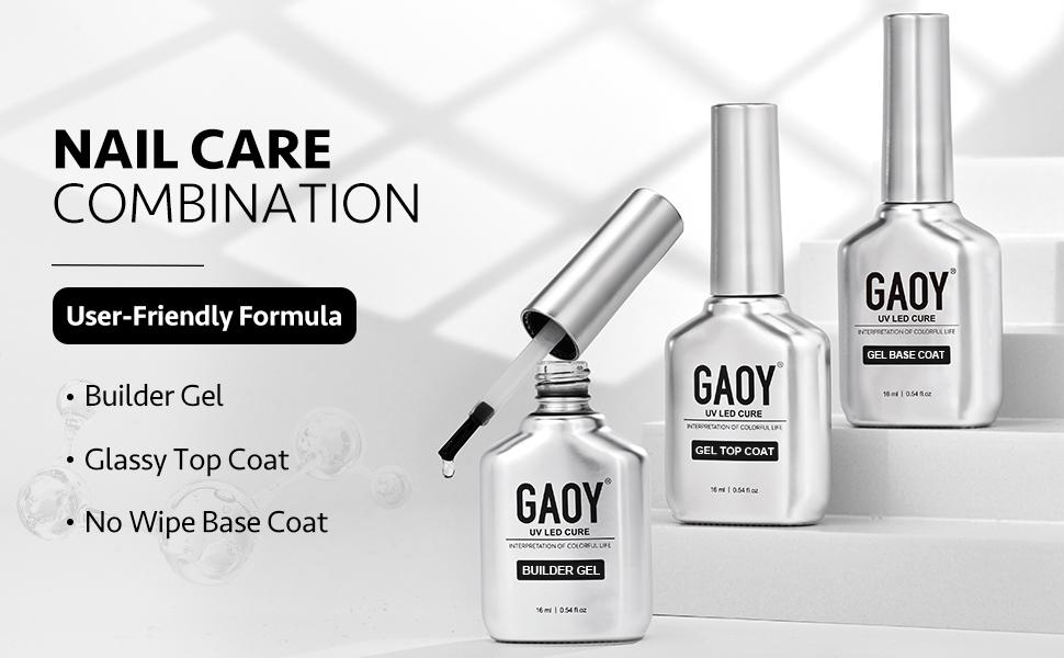 GAOY Gel Top Coat, Builder Gel and Base Coat Set, 3 Pcs 16ml Clear Glossy No Wipe Combination for UV Light Cure
