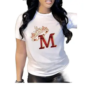 Women's Red Graphic Print T-Shirt - "M" Letter with Crown & Diamond Design, Casual Round Neck Tee for Spring & Fall, Soft Polyester Fabric, Machine Washable, Seasonal Fashion Top | Vibrant Casualwear | Studded Design Shirt