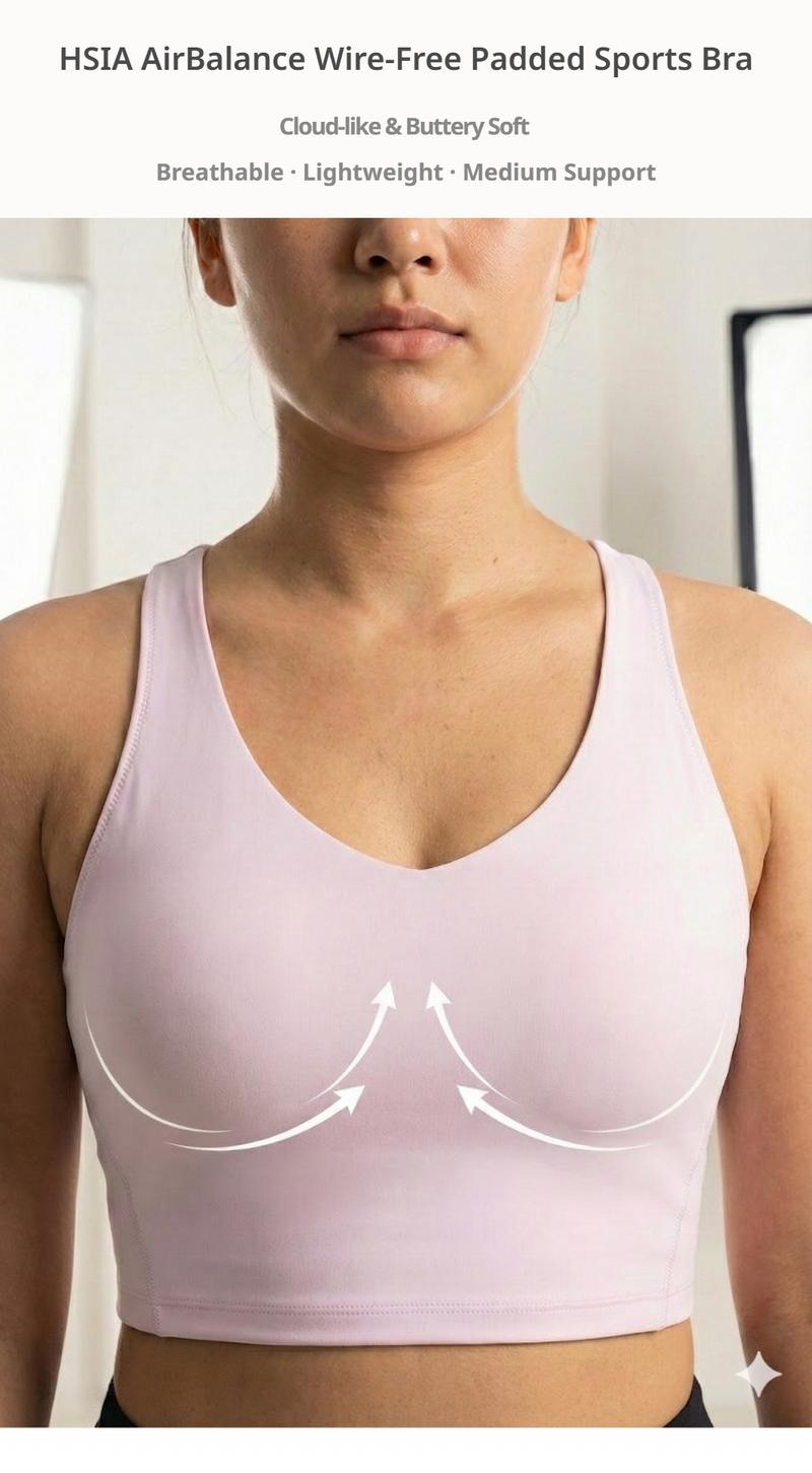 HSIA AirBalance Wirefree Lightly Padded Medium Support Breathable Sports Bra Yoga Running Criss Cross Back Crop Top or Racerback Longline Tank Top 32D 40DDD