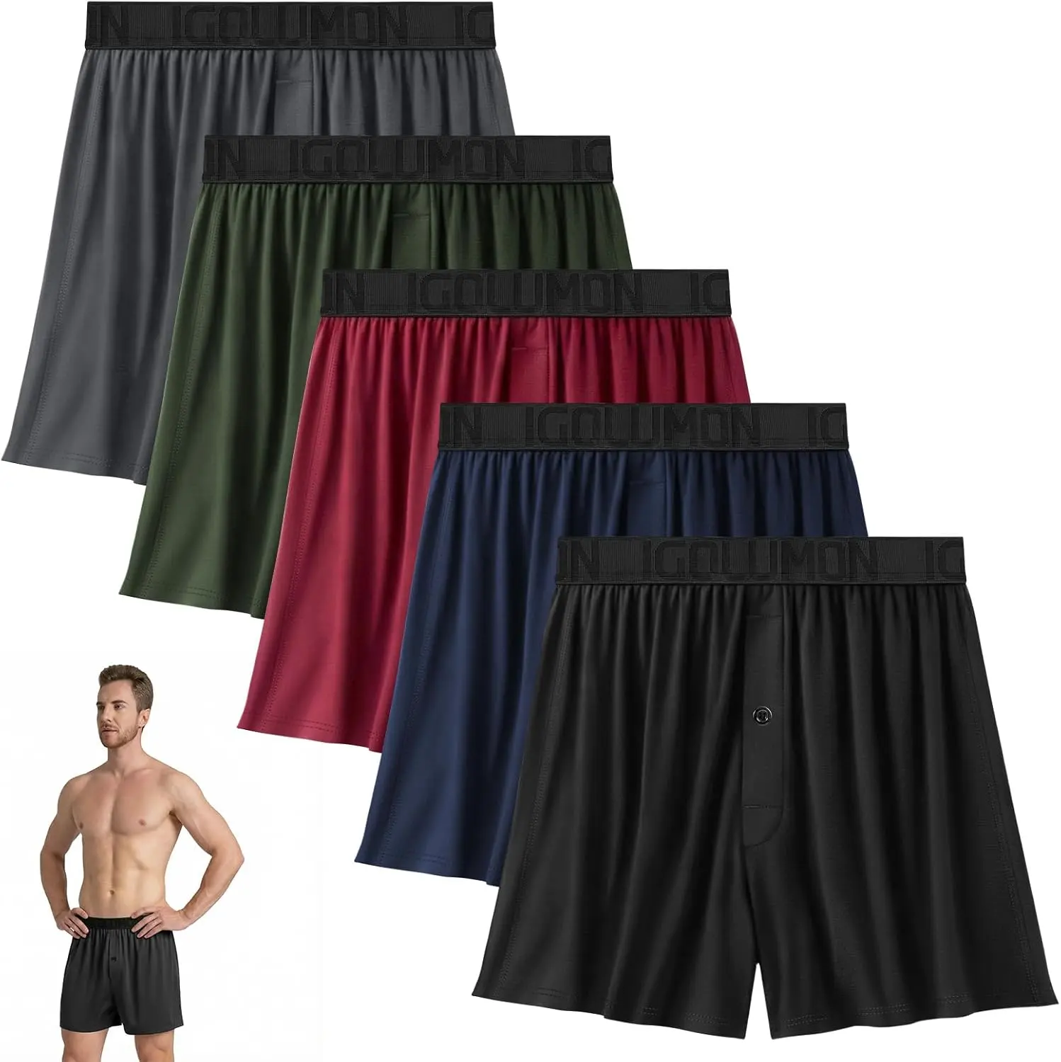 Mens Boxer Shorts Underwear Soft Breathable Bamboo Rayon Boxers for Men Relaxed Fit Boxers with Button Fly 5 Pack(Gift)