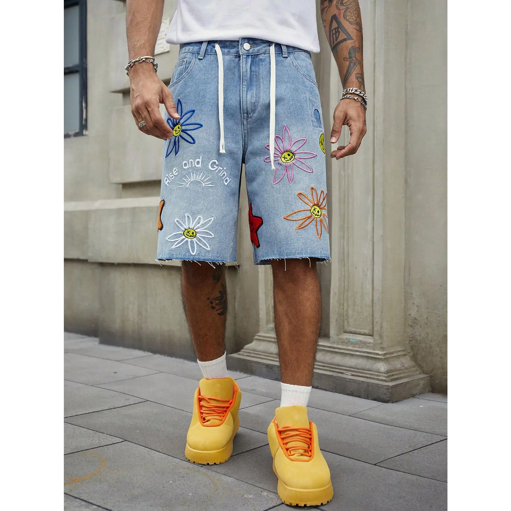 Summer Casual Floral Embroidery Denim Shorts Jeans Streetwear Outfits